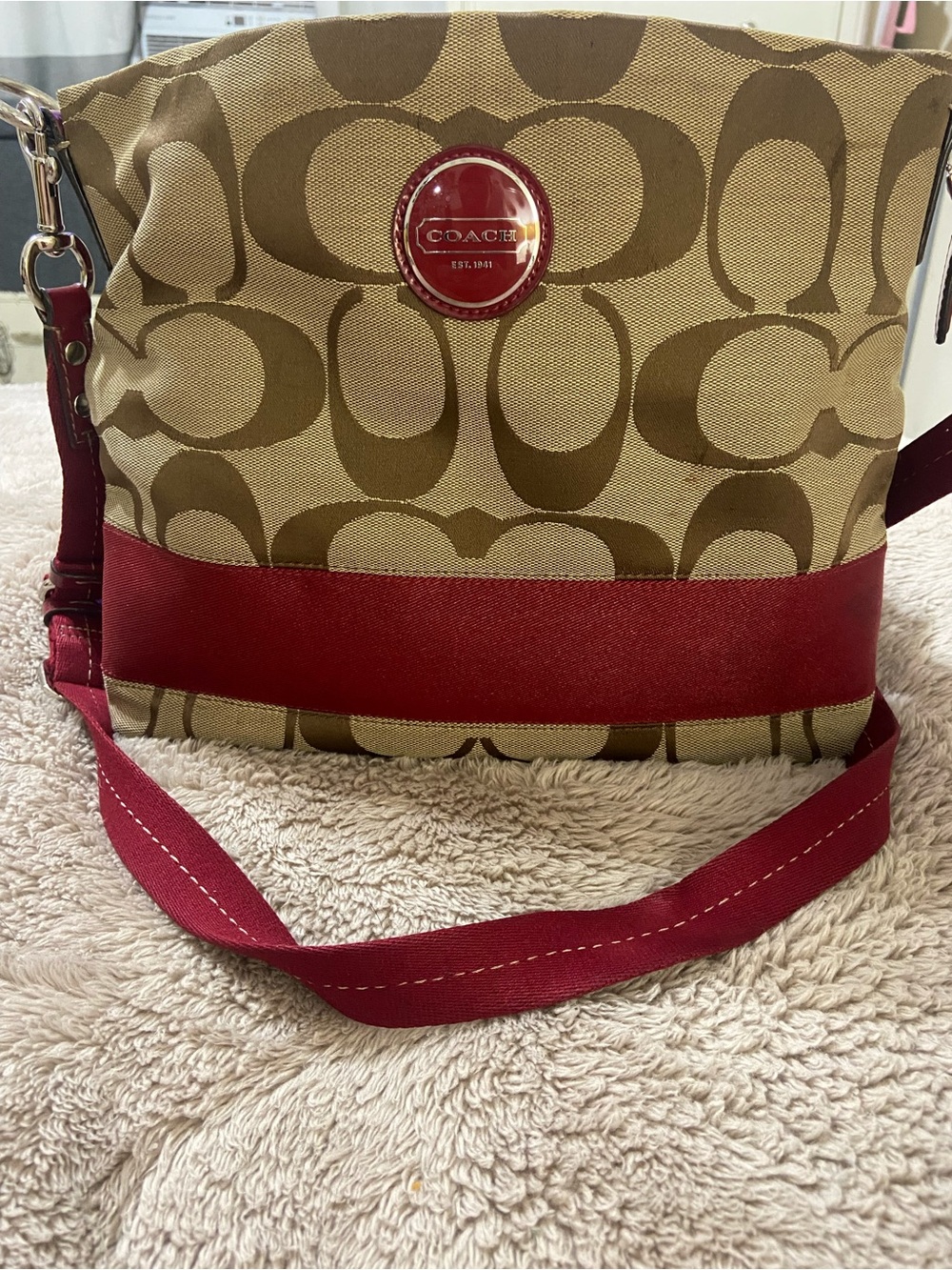 Coach Khaki Signature Canvas Crossbody with Red Trim